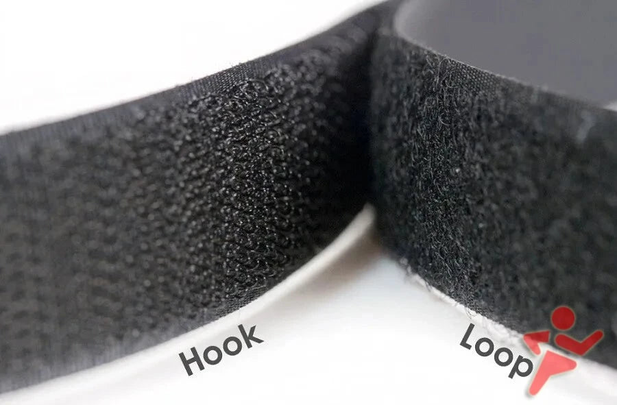 Close-up of black VELCRO fasteners with labels indicating each side, perfect for organizing your AllSportSystems golf accessories.