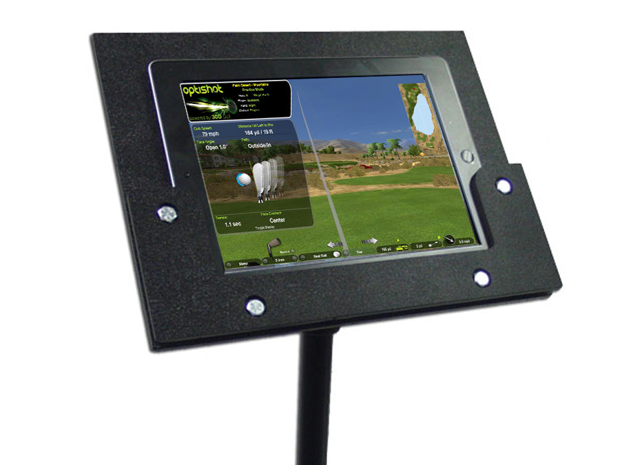 A preconfigured AllSportSystems Touchscreen 2-in-1 Windows Tablet with Tripod Podium for Optishot2 home golf simulator.