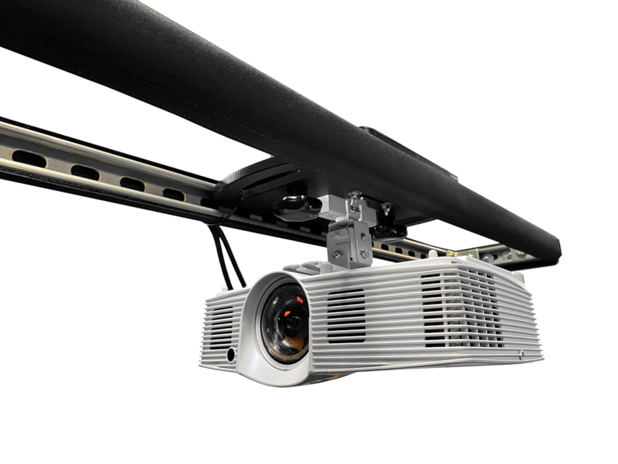 AllSportSystems SkyRail+ Cage Attached Golf Simulator Projector Mount for SuperBays mounted on a ceiling.